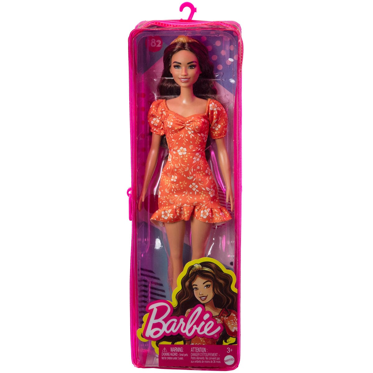 Barbie Fashionistas Doll - Brunette Hair and Orange Floral Print Dress