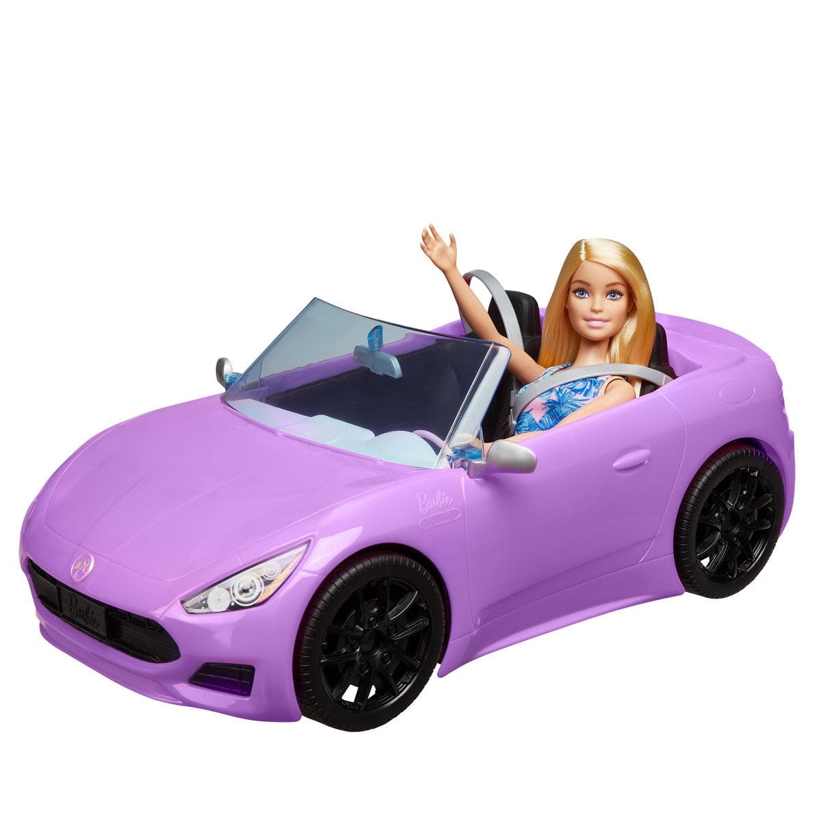 Barbie Pink Convertible 2-Seater Vehicle with Rolling Wheels and Barbie Doll with Flower Dress included