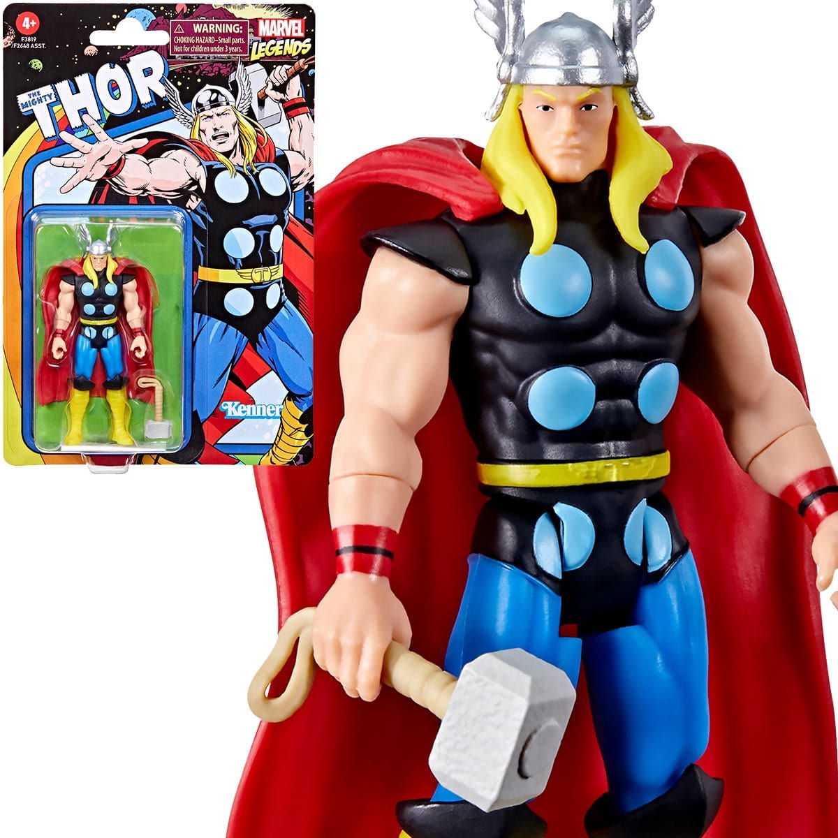 Marvel Legends Retro 375 Collection Thor 3 3/4-Inch Action Figure Close up with box