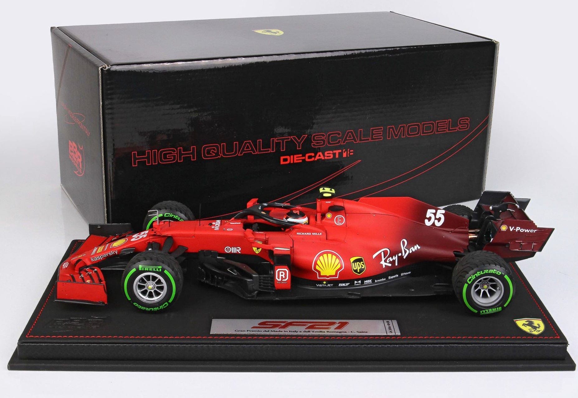 BBR F1 Ferrari SF21 C.Sainz GREEN Intermediate Tyres 1/18 Left side with base and box