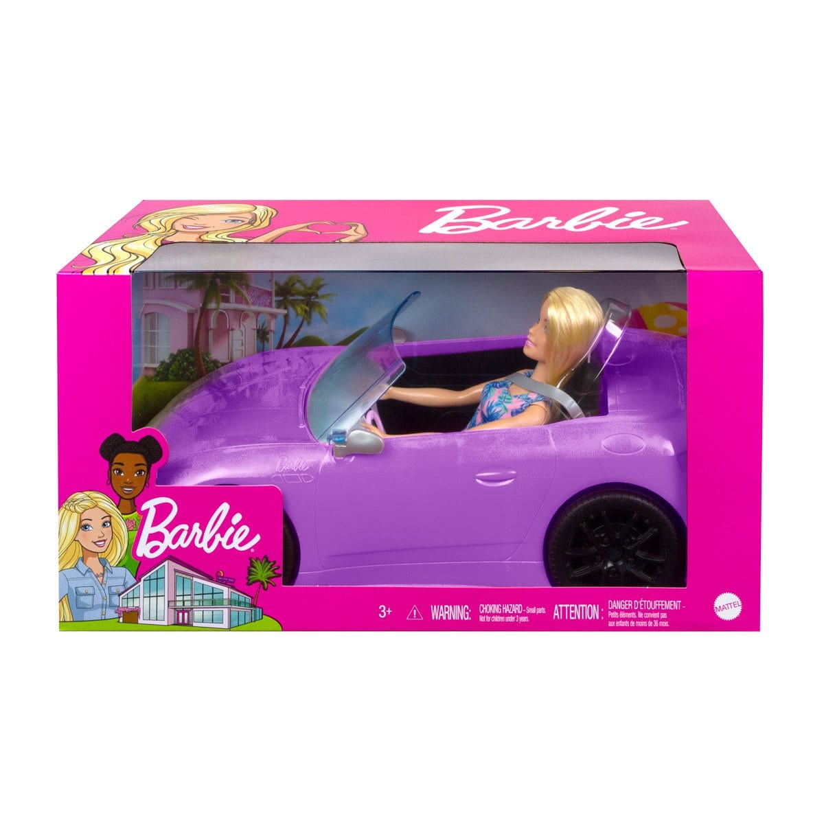 Barbie Pink Convertible 2-Seater Vehicle with Rolling Wheels and Barbie Doll with Flower Dress included