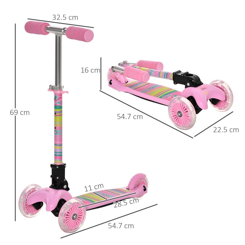 HOMCOM Kids Scooter Foldable Kick Scooter LED Flashing Wheels 3-8 Years Pink