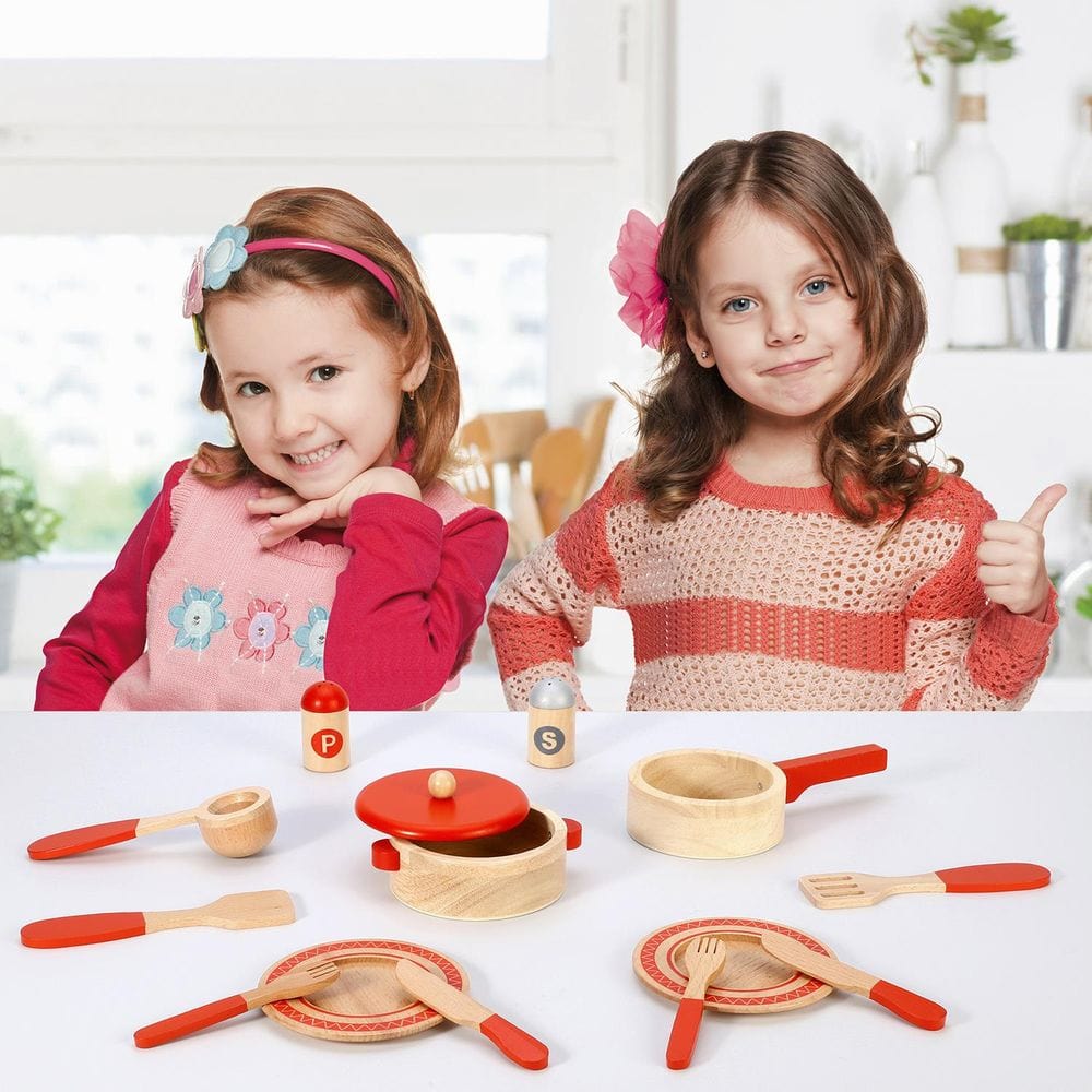 SOKA 14 PC Wooden Kitchen Red Cooking Set Pretend Role Play Set for Children