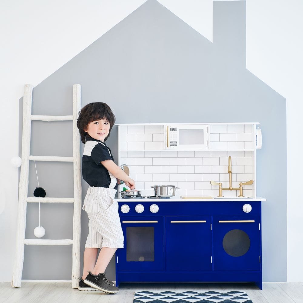 Blue Kids Toy Kitchen Wooden Cooker Children Imitation Play